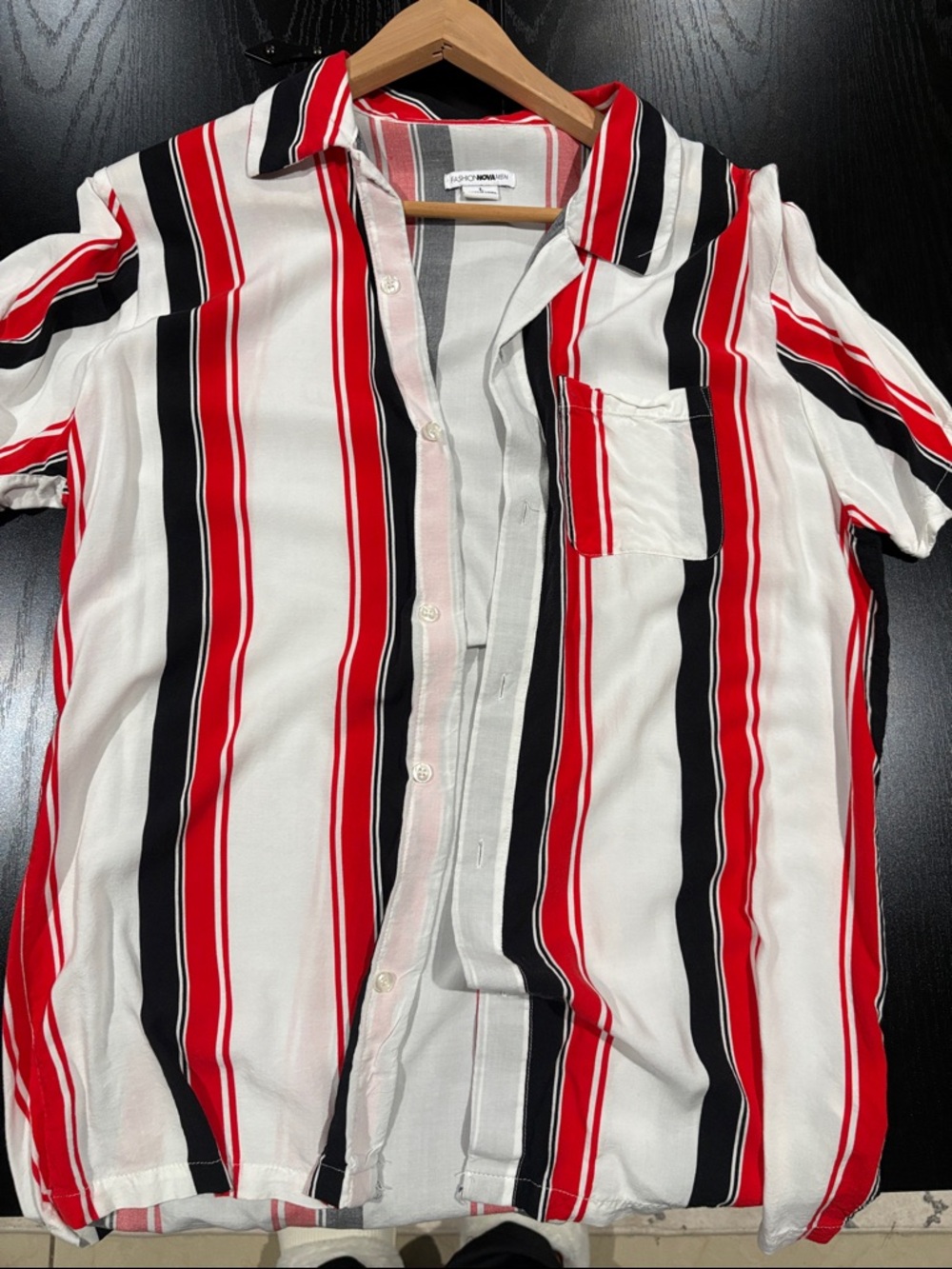 Fashion Nova Red, Black & White Striped Short Sleeve Button-Down